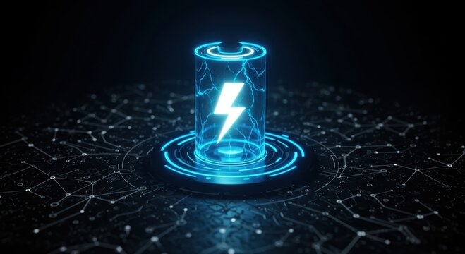 Futuristic glowing blue energy core with lightning bolt symbol emanating power on a digital network background