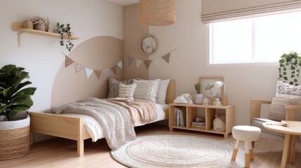 japandi eclectic kids bedroom, low wood bed, flag garland, neutral textiles, round carpet, warm soft light, pastel wall accents