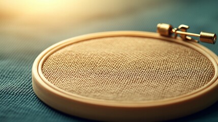 Close-up of a beige embroidery hoop on teal fabric