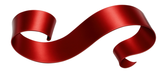 Shiny red ribbon gracefully curled, showcasing its smooth texture and vibrant color on transparent background.