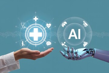 Human and ai hands connecting medical technology and artificial intelligence