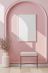 Blank poster frame mockup in pink interior with stylish chair and pendant lamp