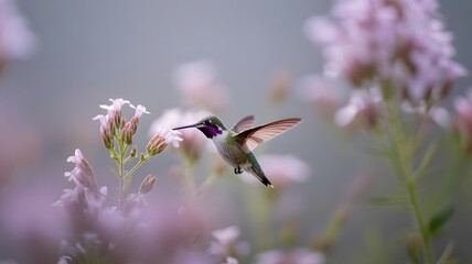 Hummingbird hovering near delicate purple flowers in soft light