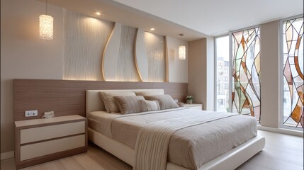 modern style bedroom full view, wavy headboard with stained glass insert, sand color palette, soft bedding, built in lights