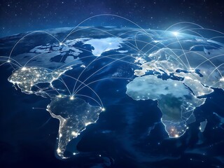 Photo of global network connecting the world, illustrating worldwide communication and digital data transfer across continents, showcasing the interconnectedness of business and technology