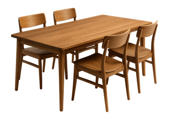 A modern wooden dining table set with four matching chairs designed for contemporary interiors on transparent background.