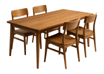 A modern wooden dining table set with four matching chairs designed for contemporary interiors on transparent background.