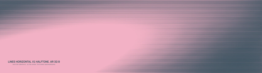 Horizontal lines halftone pattern elliptical angular border ultra wide 32:9 aspect ratio pink blue vector cool abstract background. Striped half tone ultrawide format retro futuristic 80s abstraction