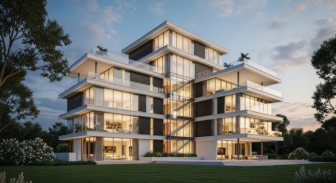 Photo of modern architecture building exterior with contemporary design and luxury residential apartments offering a stylish urban living experience in a green landscape