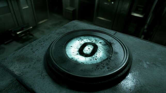 Close-up of a dark, metallic circular button with the number zero