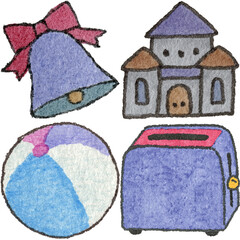 a drawing of a castle and a beach ball and and a bell