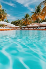 Fototapeta premium A serene tropical pool with crystal clear water, surrounded by palm trees and sun loungers under white umbrellas, perfect for relaxation and vacation-themed projects