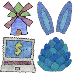 a drawing of a computer and a house and a windmill and and a dollar sign