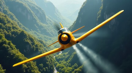 Fototapeta premium Yellow vintage airplane flying through a lush green mountain valley