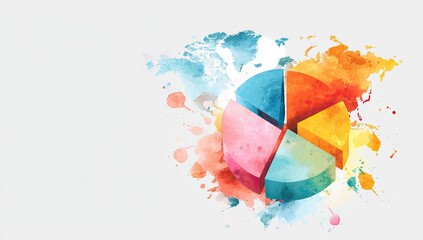 Colorful pie chart graphic overlaid with watercolor world map splatter