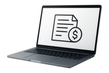 Open laptop displaying a financial document icon with a dollar symbol, suggesting online billing or accounting on transparent background.