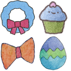 a drawing of a cupcake and a wreath and a bow tie and and a cupcake