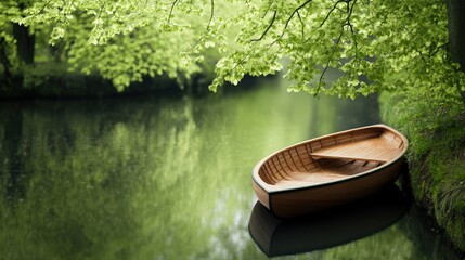 A serene wooden boat rests quietly by a tranquil green river, surrounded by lush foliage, Ideal for nature-themed projects, invitations, or relaxation-related content,