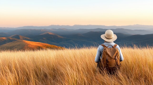 A peaceful landscape featuring a person in a straw hat gazing across rolling hills illuminated by soft sunset hues, Ideal for travel blogs, outdoor adventure promotions, or relaxation materials,