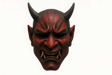 Obraz premium A detailed rendering of a traditional Japanese Oni mask, featuring a fierce expression, horns, and prominent fangs. Isolated on a clean white background. 
