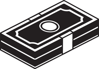 A stylized black and white illustration of a thick stack of us dollar bills bound by a paper band suggesting wealth and financial transactions