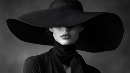Elegant woman in black with large hat in monochrome artistic portrait