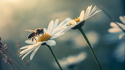 Honey bee pollinating white daisy flower in garden nature photography stock image for blog and social media
