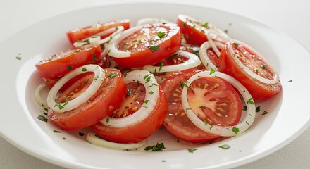 Fresh summer salad with sliced tomatoes and onion rings on white plate