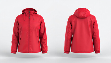 Red hooded jacket displayed from front and back on a clean white background