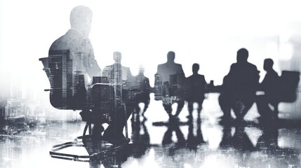 Businessmen discussing during meeting with city skyline double exposure