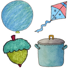 a drawing of a pot and a kite and a kite and a cupcake