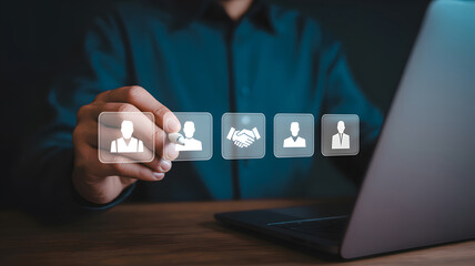 Confident professional selects ideal candidate from digital interface, symbolizing recruitment and human resources strategy with modern technology.