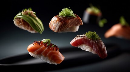 Exquisite Flying Sushi Nigiri Selection on Dark Background with Delicacy Detail