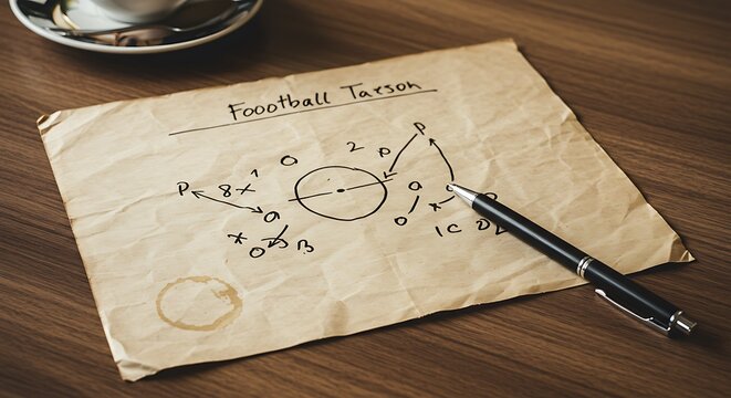 A hand-drawn American football play on vintage paper, illustrating a coach's game plan strategy on a wooden desk
