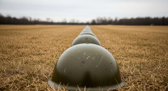 Row of weathered military helmets resting in a field, symbolizing remembrance and tribute to