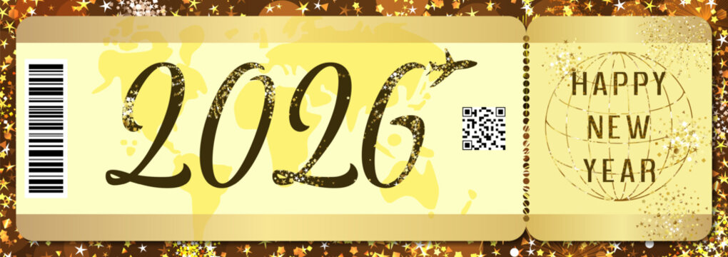 Happy New Year 2026 advertising banner in the shape of a plane ticket, shiny frame and isolated elements. Gift or promotional card design. Holiday backdrop. Golden glitters with clipping mask. - Powered by Adobe
