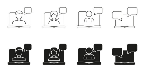 Video Conference And Chat Line And Solid Icon Set. Virtual Communication, Online Meeting, And Digital Interaction Symbol Collection. Remote Work And Collaboration Tools. Isolated Vector Illustration