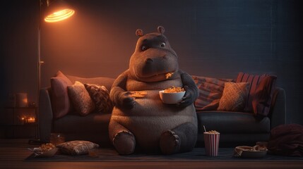 Hippo Eating Popcorn on Couch Under Lamp in Dark Room at Night