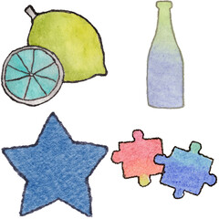 a drawing of a bottle and a lemon and a star and a puzzle piece and and a bottle