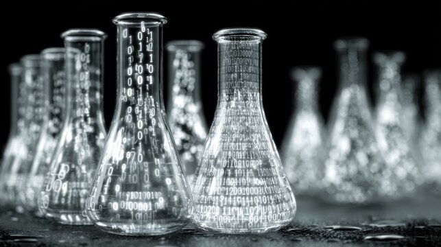 Erlenmeyer flasks containing binary code representing bioinformatics research