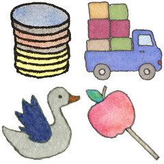 a drawing of a bird and a stack of coins and a stack of books and a stack of coins and a truck and and a bird