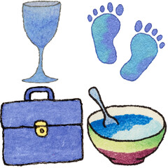 a drawing of a lunch set with a briefcase and bowl and and foot prints