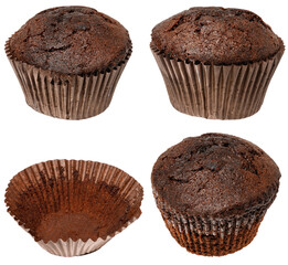 Collage of three chocolate muffins in paper cups and one empty paper cupcake pan