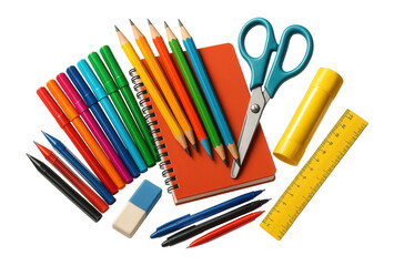 A colorful assortment of stationery items including pencils, markers, pens, scissors, glue stick, ruler, eraser, and a notebook on transparent background.