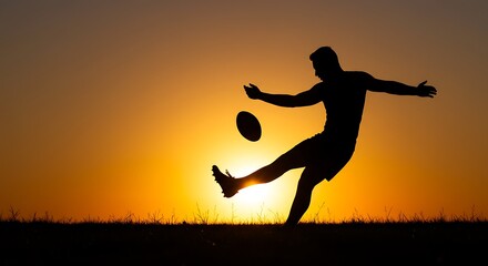 Silhouette of a man kicking a rugby ball in a field during a vibrant golden sunset, symbolizing sport and recreation.