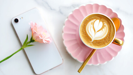 White smartphone with pink flower and latte art coffee cup