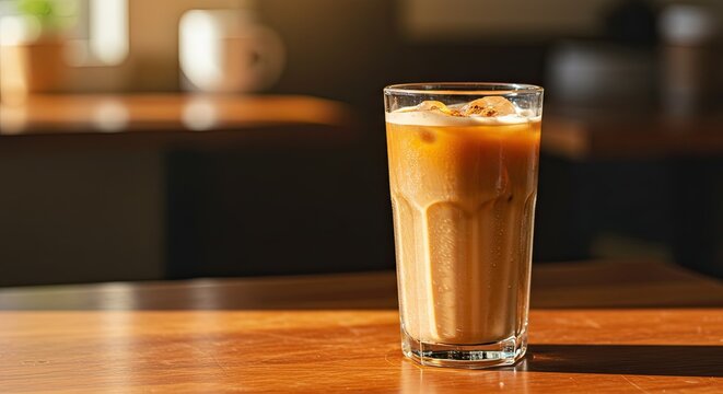 Iced latte with ice cubes stands on a wooden table in a bright cafe room