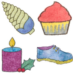 a drawing of a cupcake and a candle and a shoe and and a candle