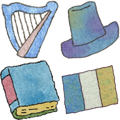 a drawing of a hat and a harp and a book and and a hat