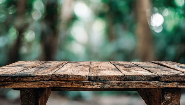 Wooden table top with a blurred out-of-focus forest background.